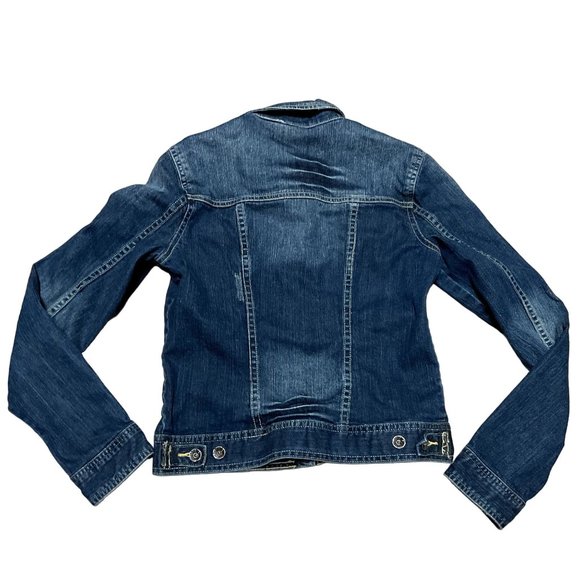 VTG HANG TEN DENIM TRUCKER JACKET SZ S BLUE CROPPED FACTORY DISTESSED WOMENS - Picture 4 of 5